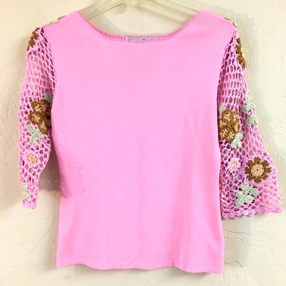 Vintage Joseph A Floral Crochet 3/4 Sleeve Blouse Small Pink Stretch
